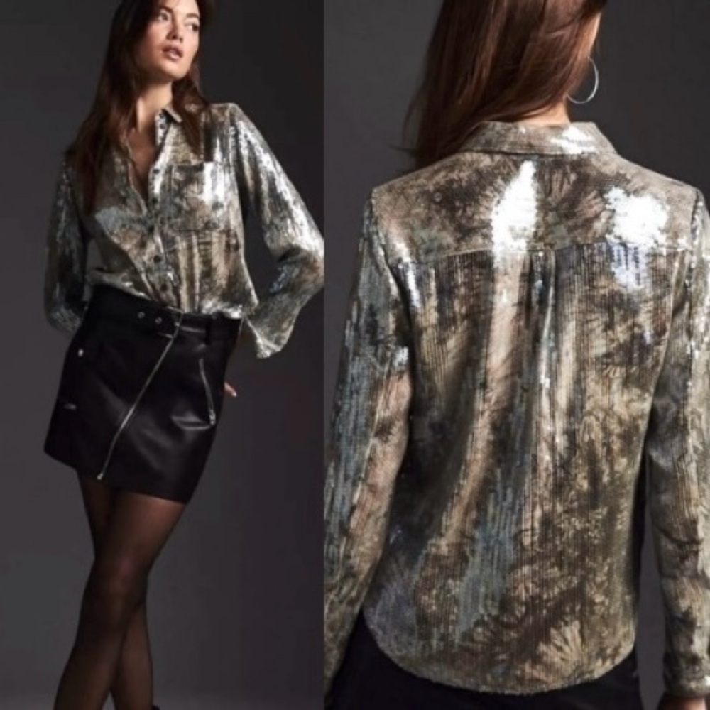 Anthropologie Pilcro Shrunken Sequin Long Sleeve Button Up Gray Top Size M - Picture 2 of 16